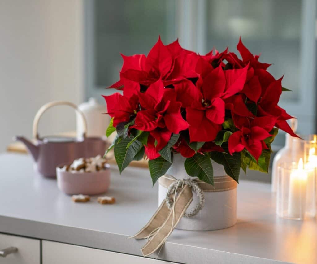 Roter Weihnachtsstern in weißem Übertopf mit Schleife auf heller Küchenarbeitsplatte, daneben Kerzen, eine Schüssel Kekse, und Teekanne.