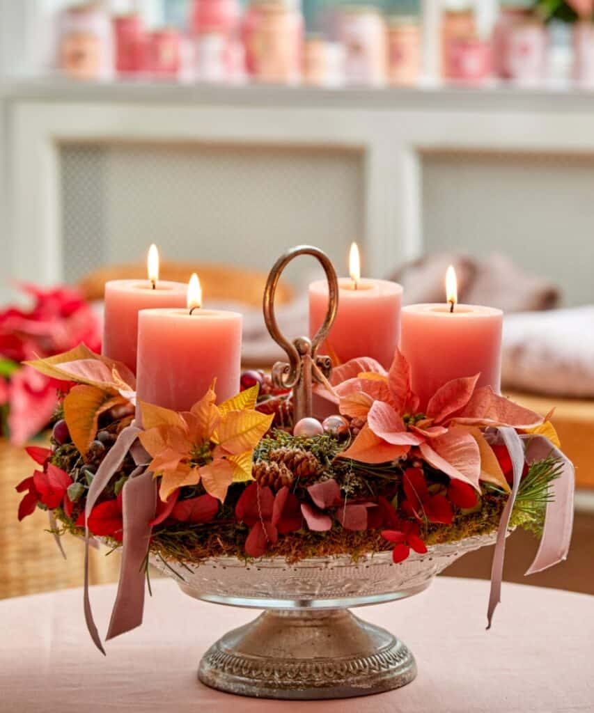 Adventskranz aus Tannengrün und Moos mit Blush-Kerzen und geschnittenen Weihnachtssternen in Rosa und Apricot.