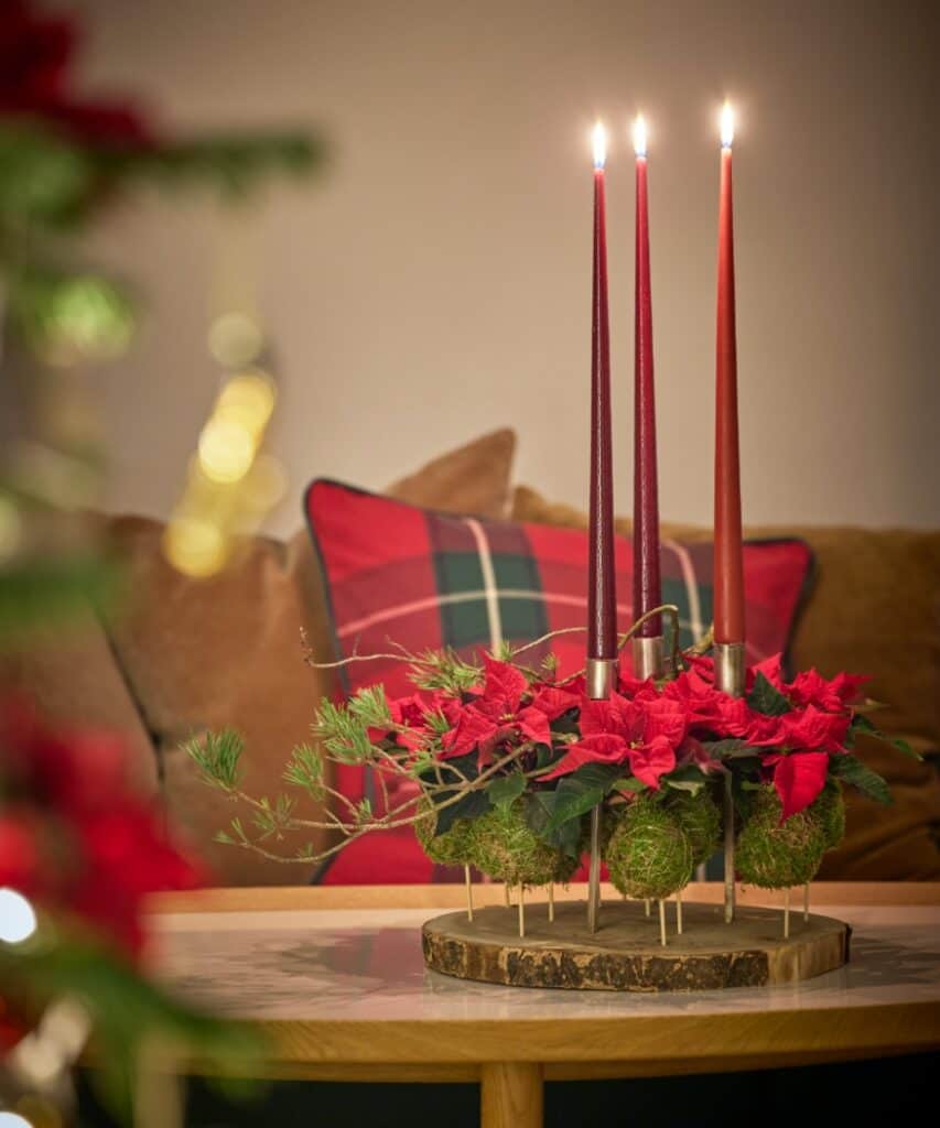 Natürlicher Adventskranz auf Holz mit schwebenden Mooskugeln, roten Mini-Weihnachtssternen und drei Kerzen.