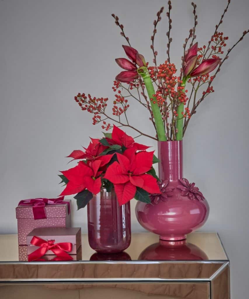 Moderne Weihnachtsdeko in Rot, Pink und Mauve mit Weihnachtsstern und Blumenarrangement