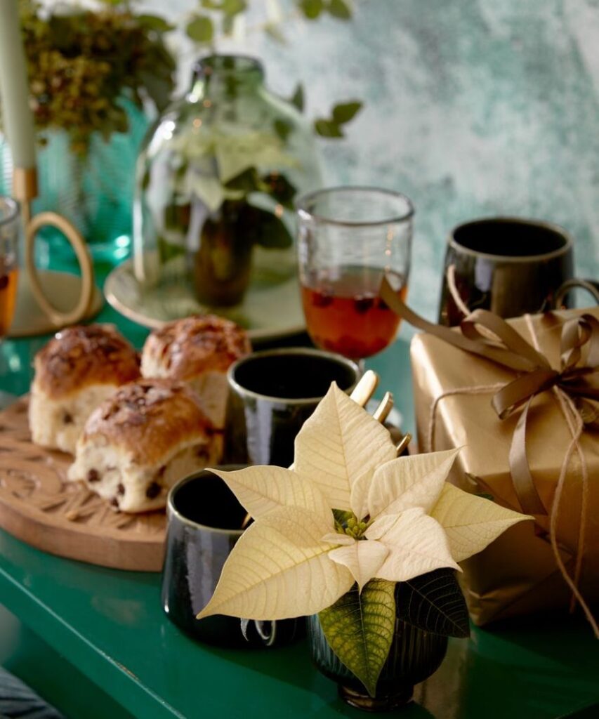 Egy desszertasztalon, fehér mini mikulásvirág,gyertyák és ajándékok mellett. 