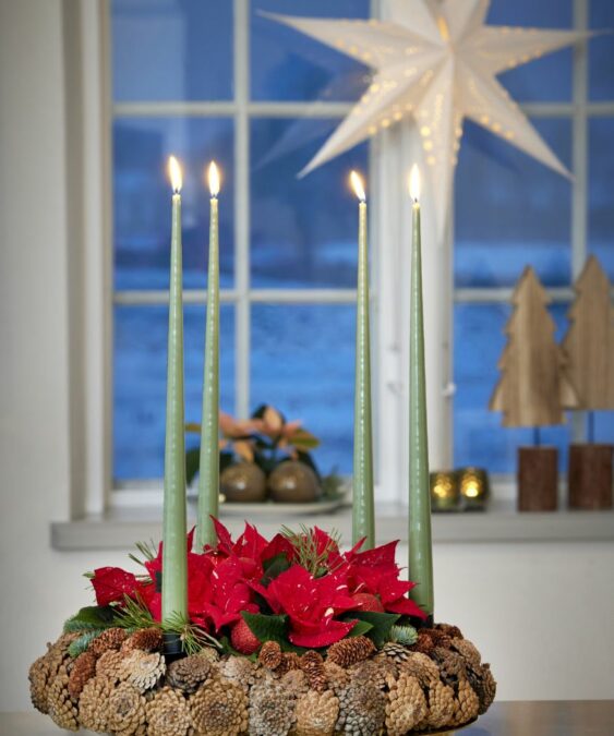 Egy rusztikus adventi koszorú vörös mikulásvirággal és zöld gyertyákkal, természetes fenyőtobozokkal. 