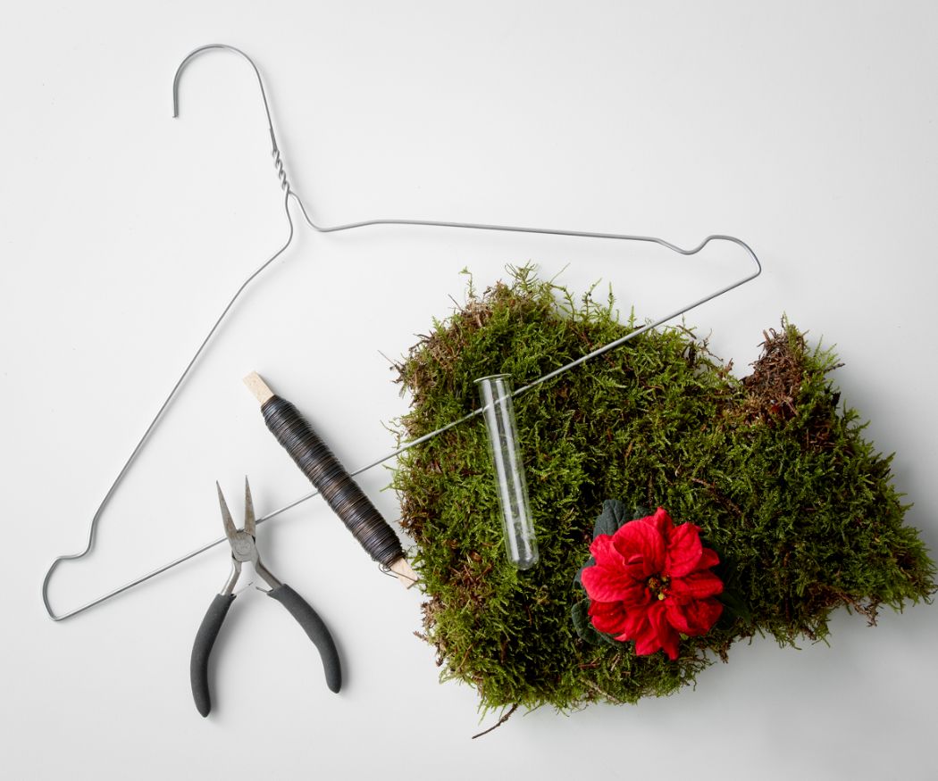 2021-poinsettia-05110-diy-coat-hanger-xmas-tree-02 Materiali per un progetto fai-da-te: una gruccia di filo di ferro, pinze, filo di ferro per fioristi, muschio, una provetta e una mini Poinsettia rossa, il tutto su sfondo bianco.